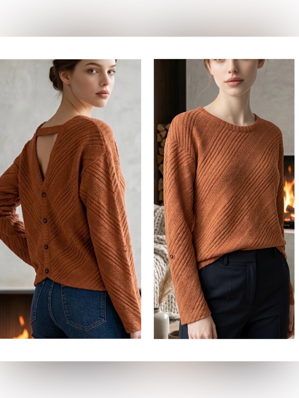 BKE Buckle Women's Sz L Button-Back Ribbed Sweater - roll tab long sleeve Rust
